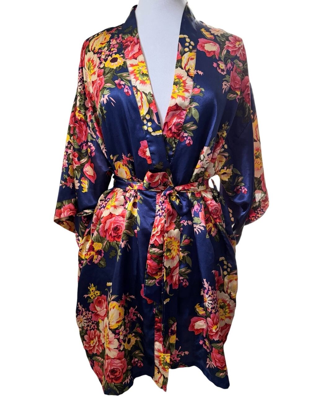 Blue Floral Satin Kimono Short Robe by Ms Lovely  Bride Leisure Vacation Sexy